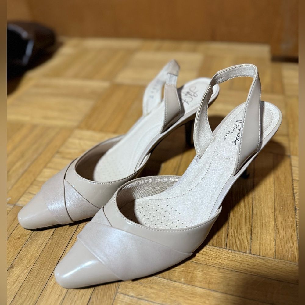 LifeStride Kerra Womens Patent Leather Slingback Dress Heel Patent Taupe Sz 9